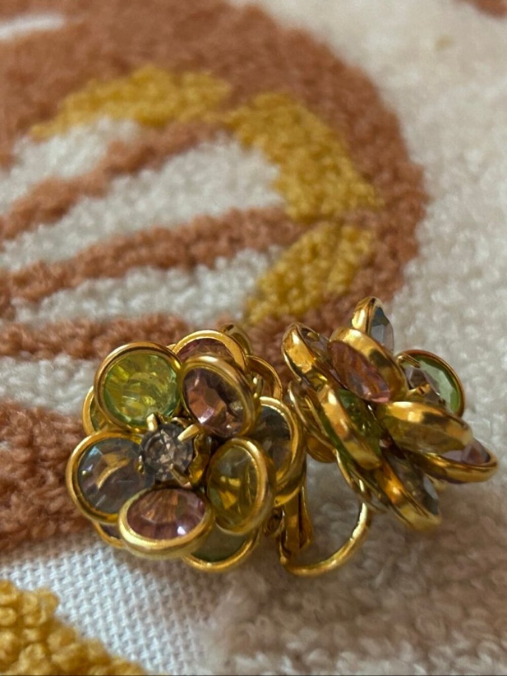 Vintage Avon Clip On Earrings Gold Flower Multicolor Crystal Cluster